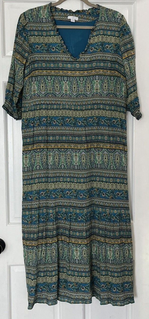J Jill Midi Dress Large Petite Paisley Green Flow Artsy Earthy Floral Boho Gypsy